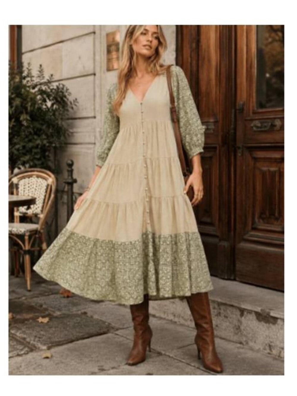 Boho Tiered Maxi Dress with Green Floral Trim